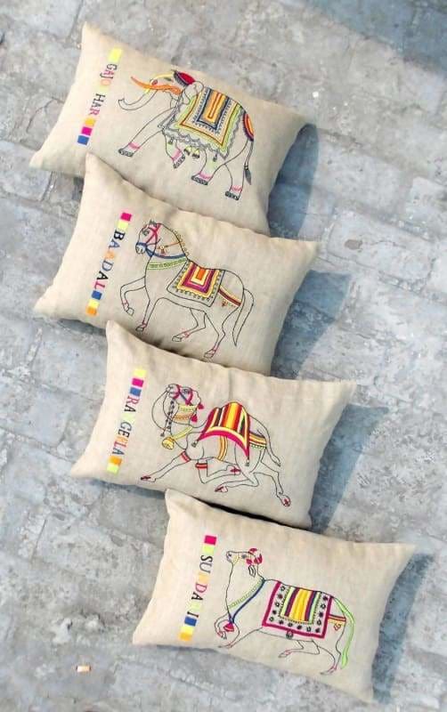 Linen pillow with hand embroidered Indian elephant - Pillows & Cushions