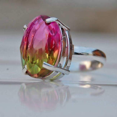 Green and Pink Tourmaline Silver Oval Ring - Rings