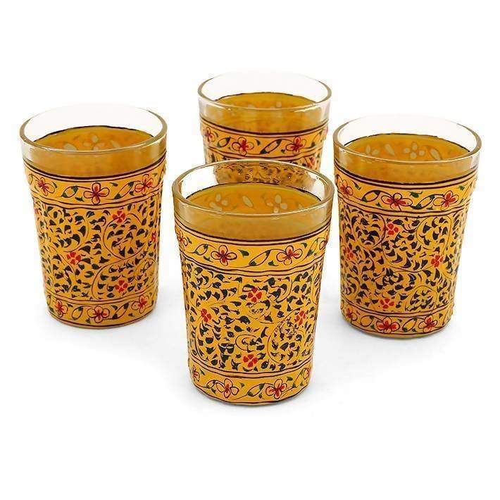 Kitchen & Dining Hand Painted Yellow Set of Four Tea Glasses in Glass