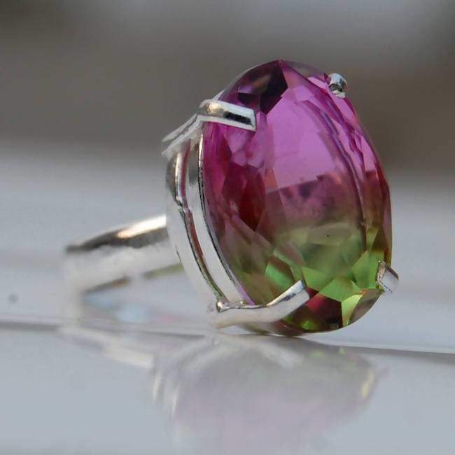 Green and Pink Tourmaline Silver Oval Ring - Rings