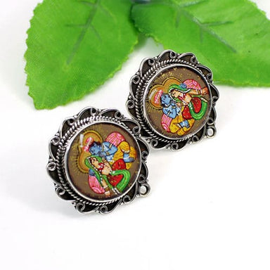 Lord Radha Krishna Painting Earring Solid 925 Sterling Silver - By Nehal Jewelry