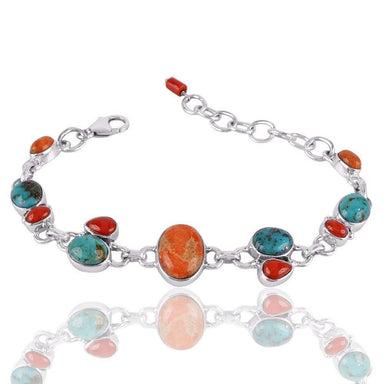 bracelets Lovely Real Arizona Turquoise Coral Gemstone Sterling Silver Birthstone Bracelet - by Rajtarang