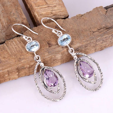 Earrings Luxury Earring! Real Crystal Purple Amethyst And Blue Topaz Healing Gemstone 925 Sterling Silver Earring - by Rajtarang