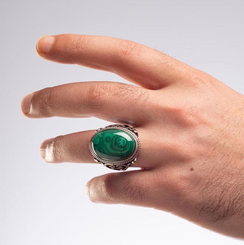 Malachite 925 Sterling Silver Ring Green Classy Ottoman Handmade Jewelry Gift for her - by Inishacreation
