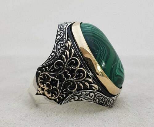 Malachite Mens Gemstone Ring Designer Birthstone 925 Solid Sterling Silver Boys Ring, - by InishaCreation