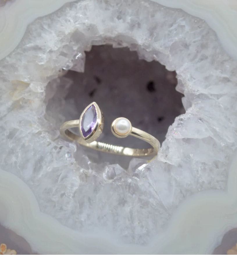 Marquise Amethyst And Pearl Yellow Gold Multi-stone 925 Sterling Silver Ring Handmade Jewelry Gift For Her - By Inishacreation