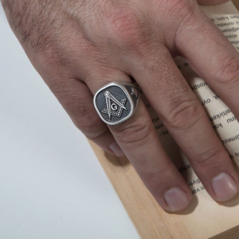 Masonic Ring Men Signet Silver Rings Freemason Master Mason G Monogram - by Ancient Craft