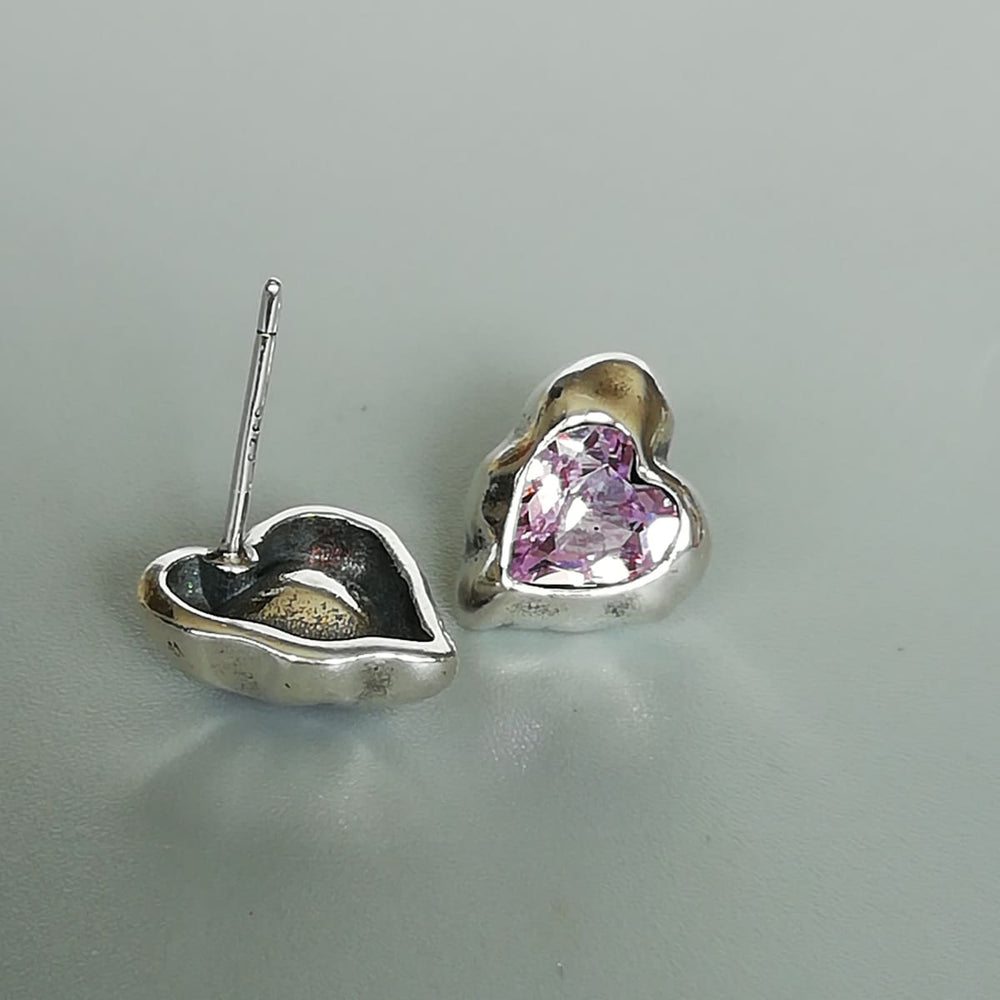 Mauve Cz heart stud | Sterling silver cubic zirconia ear studs | Simple | E1044 - by OneYellowButterfly