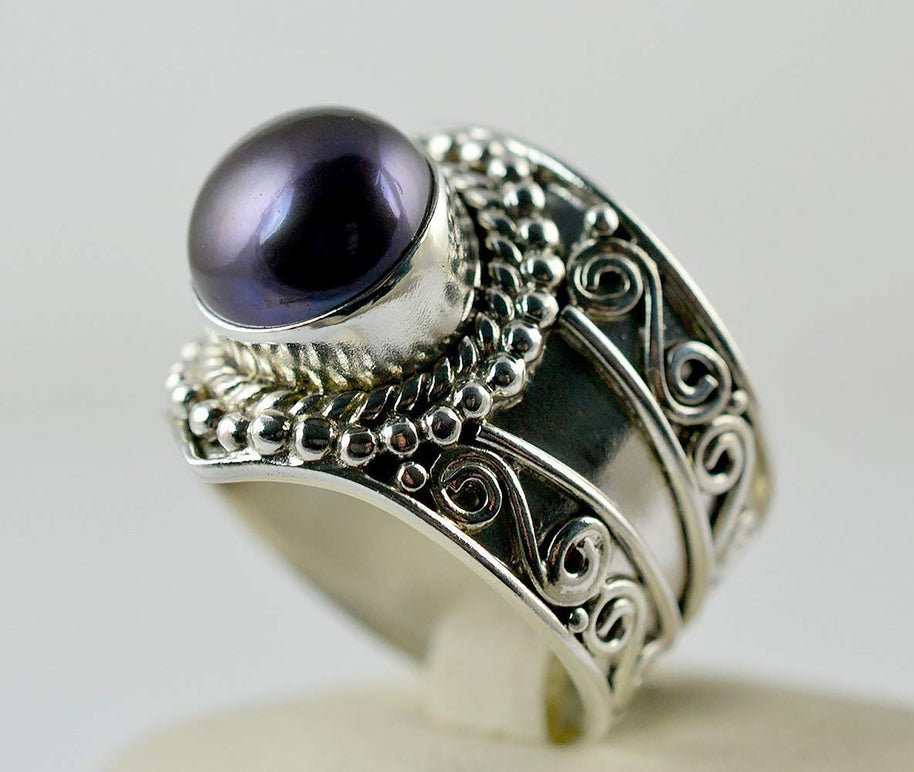 Freshwater Black Pearl Round 925 Solid Sterling Silver Handmade Ring Size 4-13 Us - By Navyacraft
