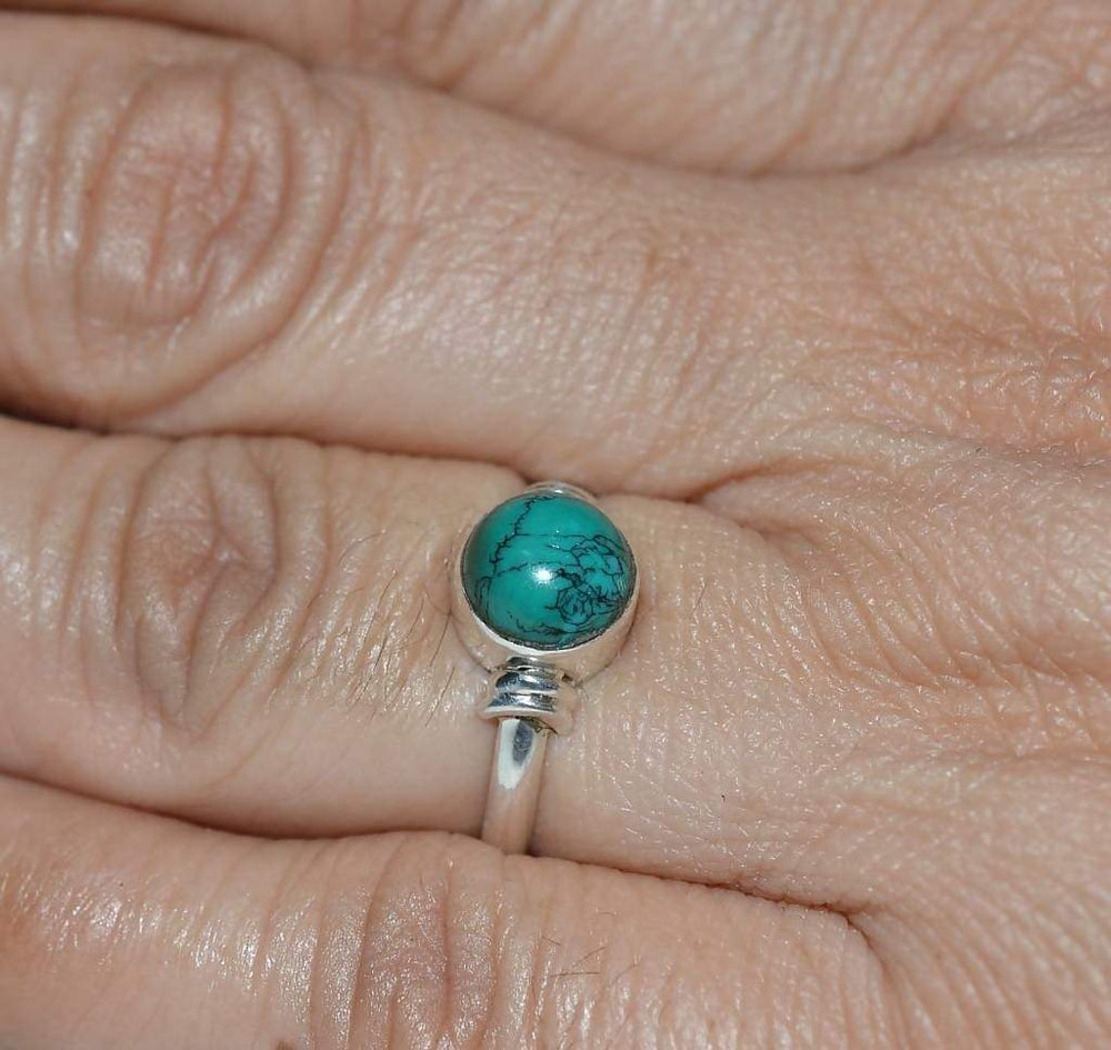 Pure 92.5 Solid Sterling Silver Ring Studded With Genuine Turquoise Round Custom - By Navyacraft