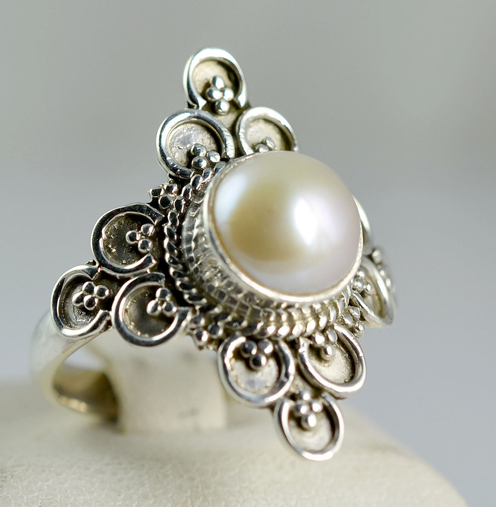 Freshwater Pearl Round 925 Solid Sterling Silver Handmade Ring Size 4-13 Us - By Navyacraft