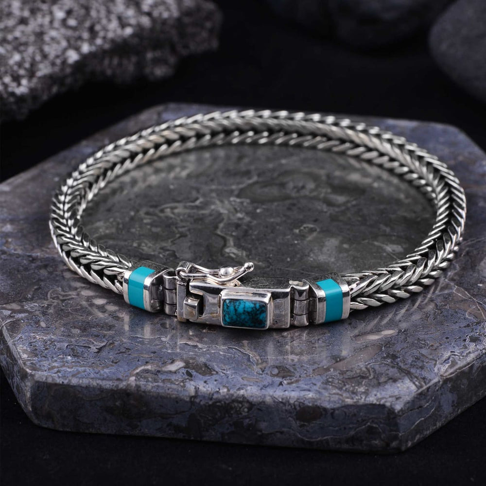 Mens Silver Chain Bracelet | Byzantium Dragon Bones with Turquoise Gemstone - by Aurolius