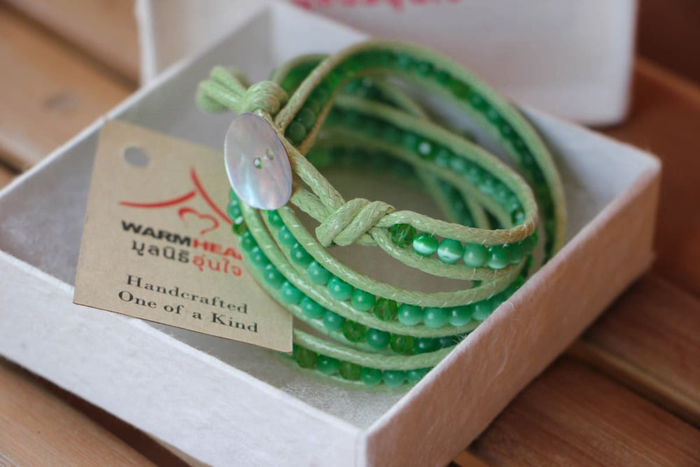 Milky Green Cats Eyes Wrap Bracelet - by Warm Heart Worldwide