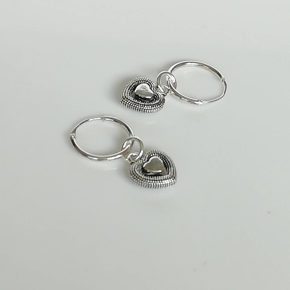 Minimalist Hoops - Silver Heart Charm - Earrings - 12mm - Small Hoop - E17pd339 - By Neverendingsilver
