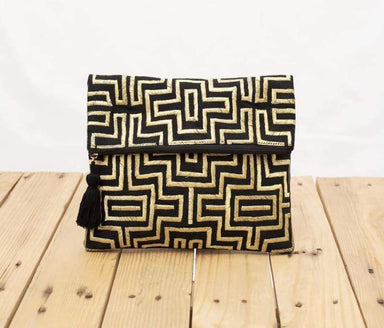 Mola purse Black and gold colour bag foldover clutch embroidered 10X8 inches - Bags