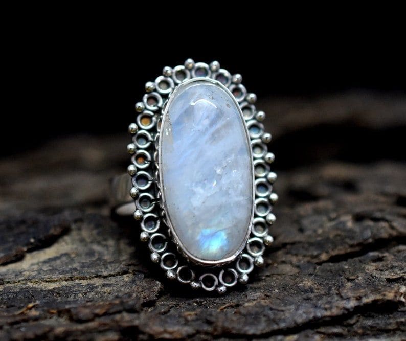 Moonstone Bohemian Ring Sterling Silver Boho Rings Birthday Gift for best Friend Handcrafted Rainbow - by Inishacreation