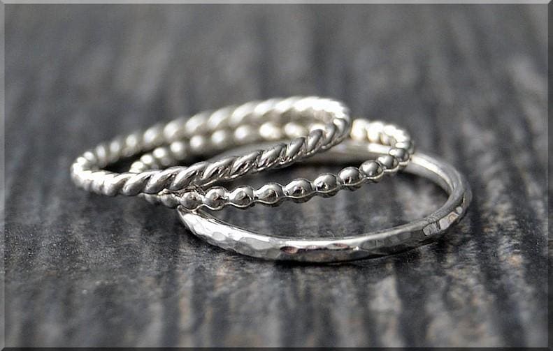 rings MTO Set of 3 Sterling Silver Stackable Rings,Full Bead Hammered Twisted Jewelry Gift for her - by InishaCreation