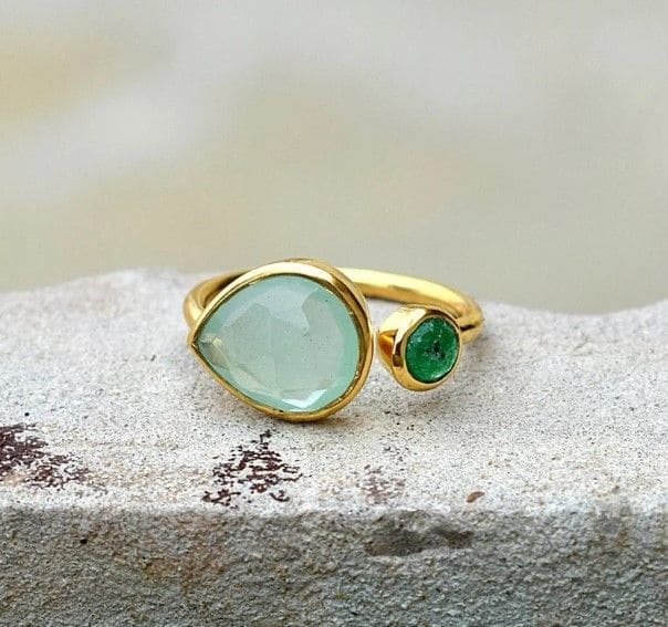 Multi Gemstone - Natural Chalcedony Green Onyx 925 Solid Sterling Silver Ring Gold Plated Gift For Her - By Girivar Creations