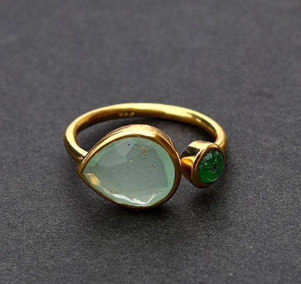 Multi Gemstone - Natural Chalcedony Green Onyx 925 Solid Sterling Silver Ring Gold Plated Gift For Her - By Girivar Creations