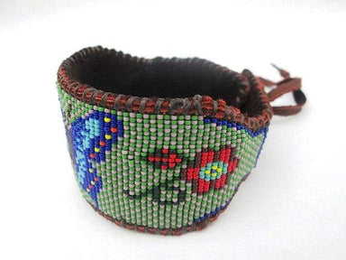Bracelets Native American Inspired Beaded Cuff Bracelet with Blue and Green Butterfly on Deer Hide