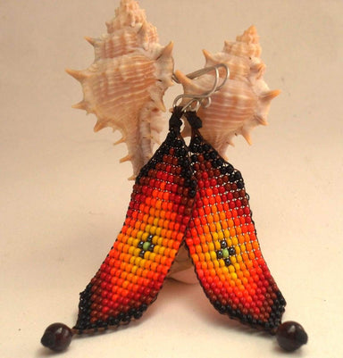 Earrings Native American Inspired Beaded Fire Rainbow Red Garnet and Silver