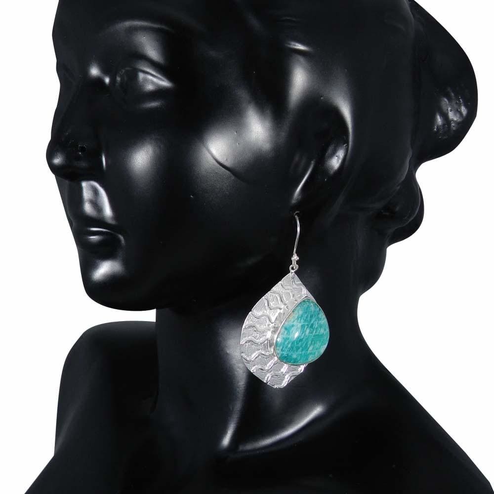 earrings Natural Amazonite Handmade Designer Bezel Setting Silver Dangle Earrings - by Nehal Jewelry
