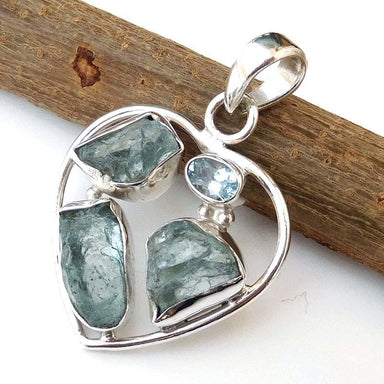 Natural Raw Aquamarine & Blue Topaz Pendant. Handmade Silver Gemstone Pendant Stone Jewelry-A036 - by Adorable Craft