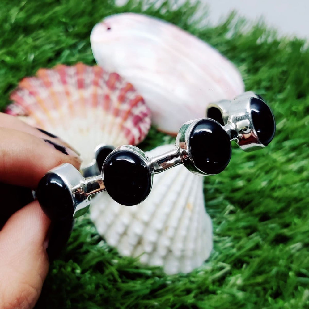 Natural Black Onyx Bangle Gemstone Ethnic Cuff Bracelet Adjustable 925 Sterling Silver Jewelry - by Inishacreation
