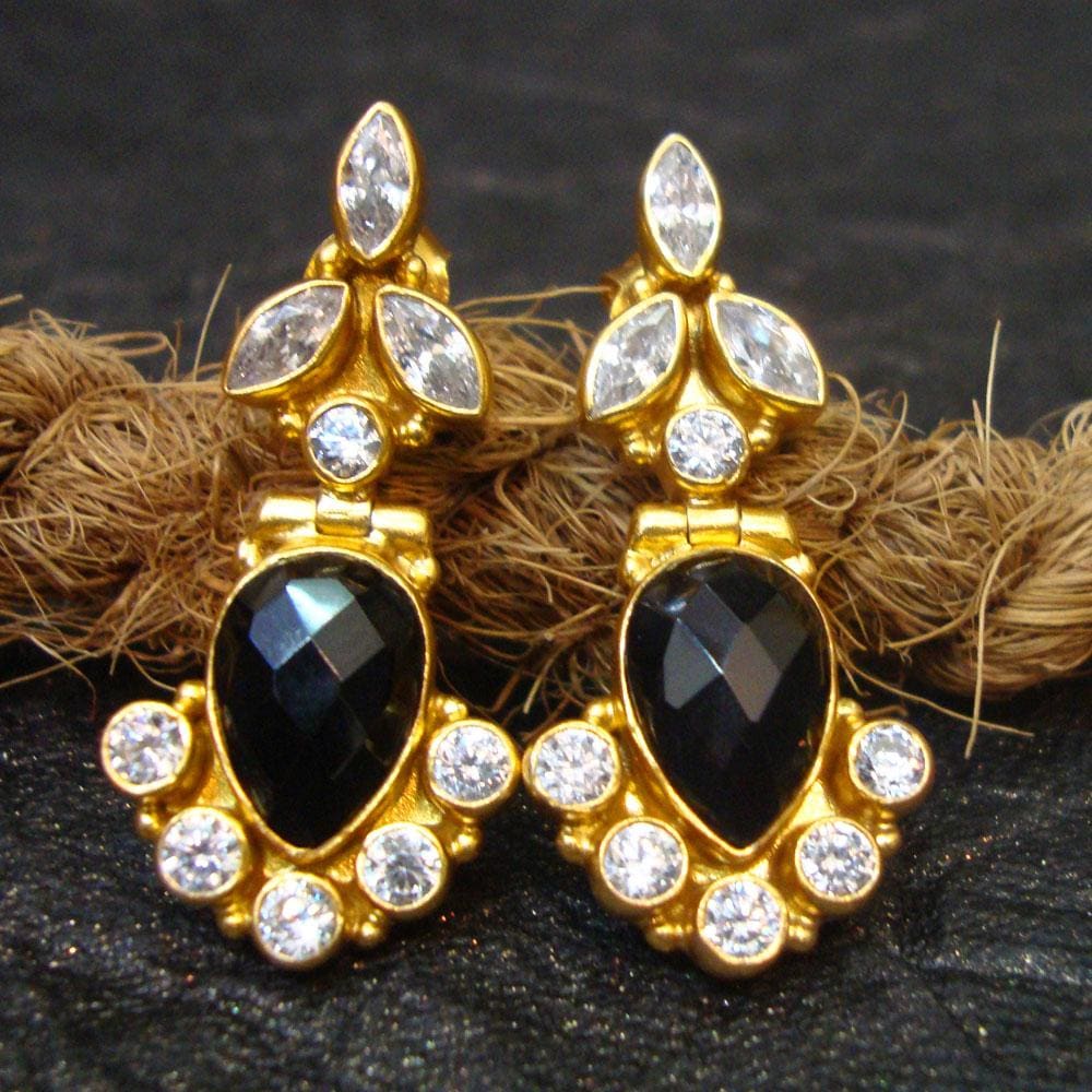earrings Natural Black Onyx Faceted Gemstone White Quartz Solid 925 Sterling Silver Gold Plated Lovely Earrings Stud Swarovski - by Vidita 