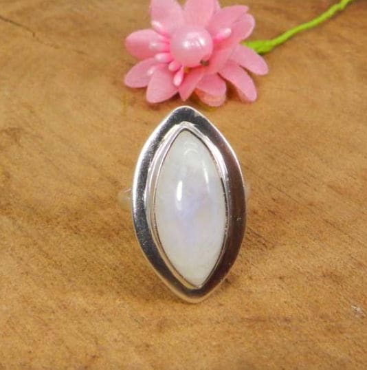 Natural Blue fire Rainbow Moonstone Ring Marquise - by Nehal Jewelry