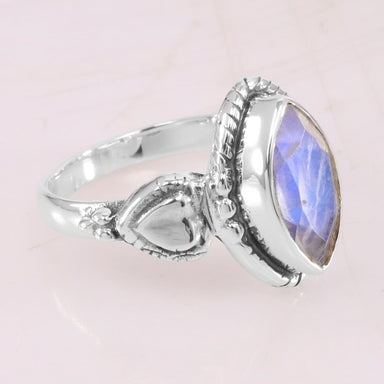 Natural Blue Flashy Rainbow Moonstone Sterling Silver Ring Stacking 925 Midi - by Rajtarang