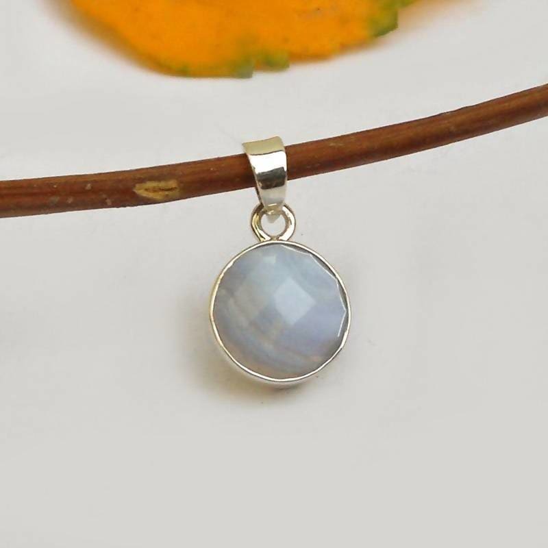 Necklaces Natural Blue Lace Agate Pendant sterling silver gemstone jewelry 925 Silver Necklace Bezel Set Round Gift for her