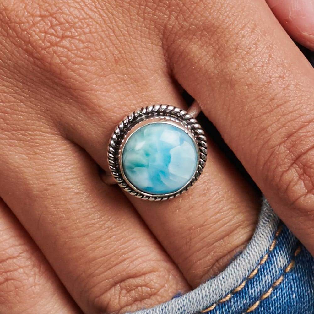 Rings Natural Blue Larimar Gemstone 925 Sterling Silver Ring Fashion Handmade Jewelry Gift - by NativeFineJewelry