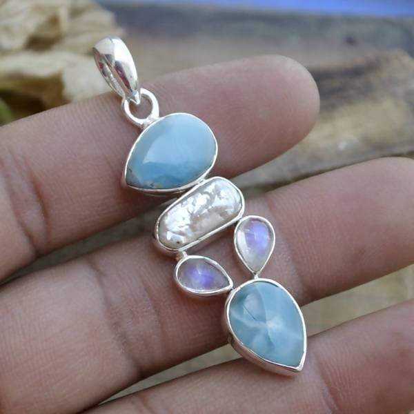 Necklaces Natural Blue Larimar pendant - Fresh Water Pearl Rainbow Moonstone 925 Sterling Silver Pendant Jewelry - Designer necklace