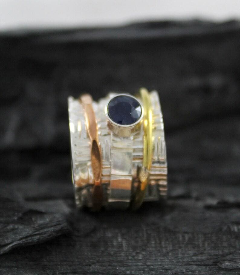 rings Natural Blue Sapphire Diffusion Spinner Fidget 925 Solid Sterling Silver Ring,Handmade Jewelry Gift for her - by InishaCreation