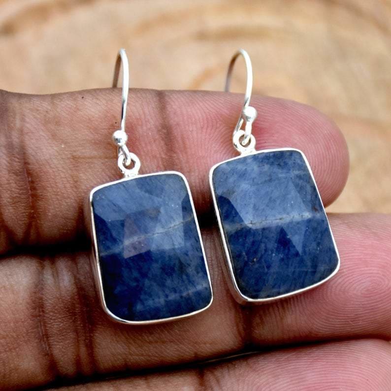 earrings Natural Blue Sapphire Sterling Silver Earrings,Handmade Jewelry Faceted Gemstone Anniversary Gift For Her - by InishaCreation