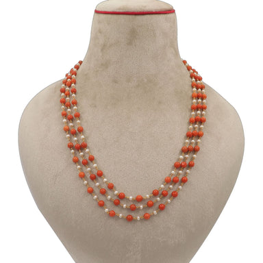 Natural Coral Beads And Pearl Three Line Necklace Jewelry For Gift Round Coral Wedding Bridal Bridesmaid - By Vidita Jewels