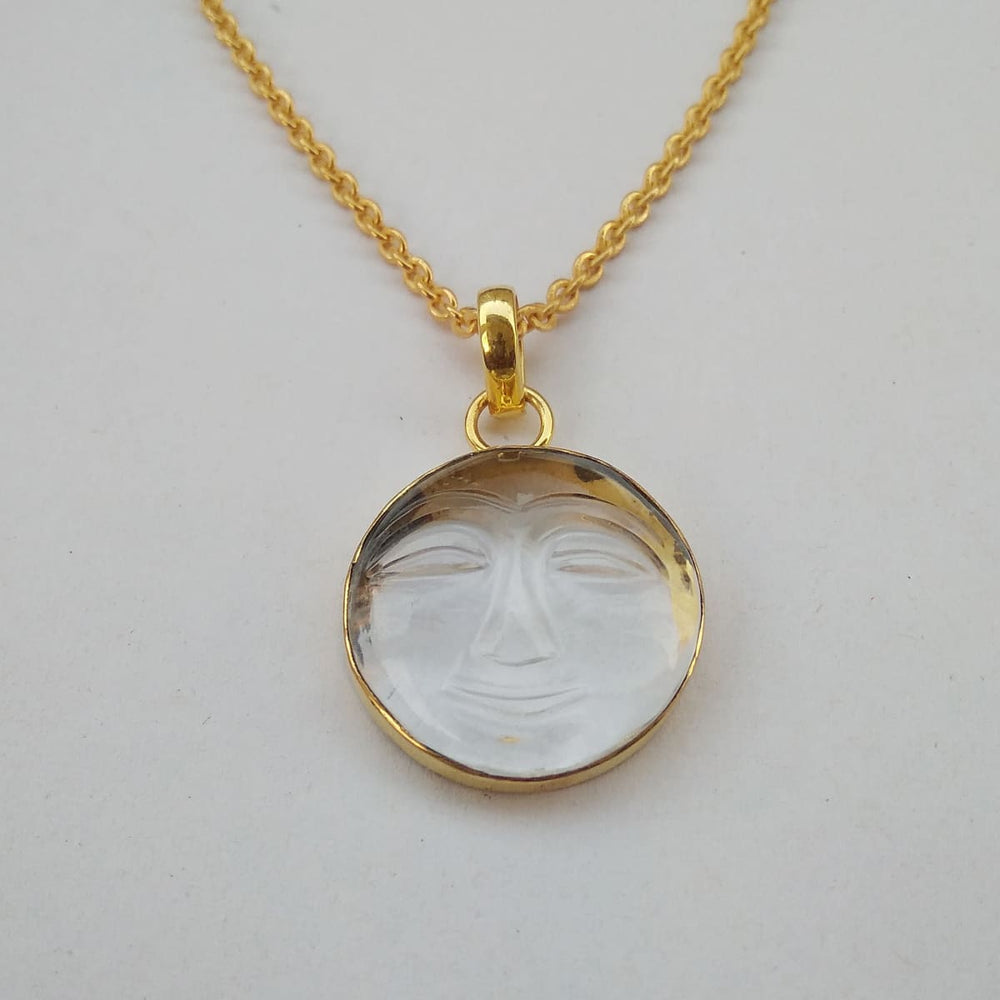 Natural Crystal Quartz Healing Stone Gold Plated Moon Face Pendant - By Krti Handicrafts