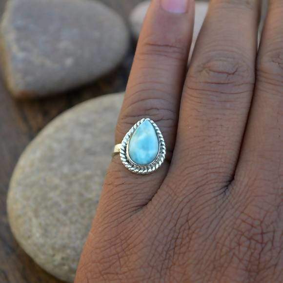 Rings Natural Dominican Larimar Gemstone Ring - 925 Sterling Silver and -Genuine -Dominican -Designer - by NativeFineJewelry