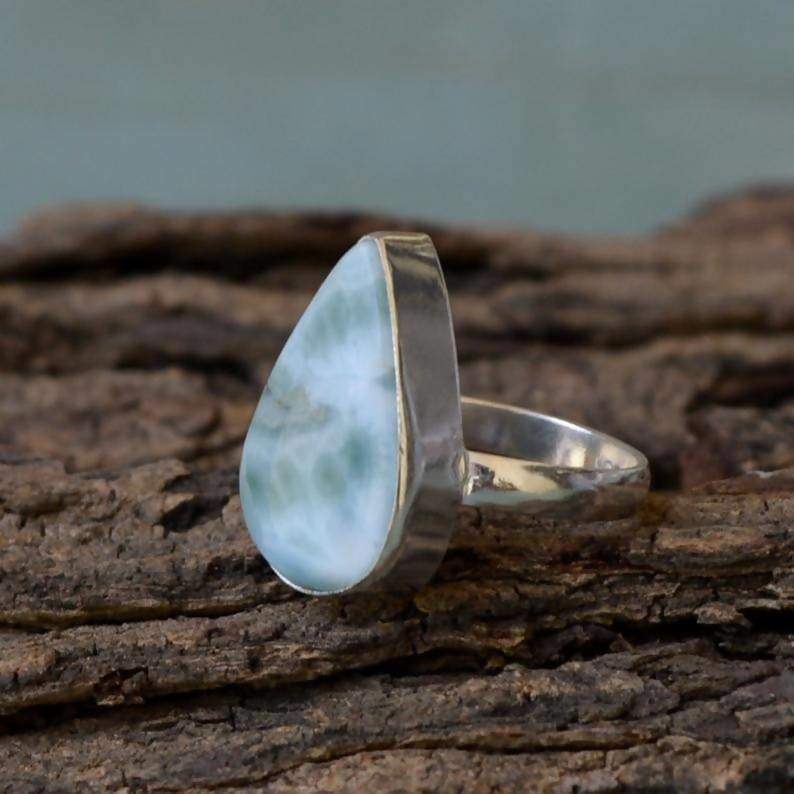 Rings Natural Dominican Larimar Gemstone Ring Pear 925 Sterling Silver Gift Bezel Set Simple Jewelry