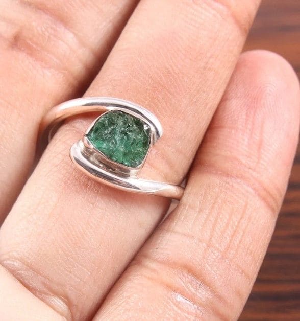 rings Natural Emerald Raw Rough 925 Sterling Silver Ring May Birthstone,Gift for Her - by InishaCreation
