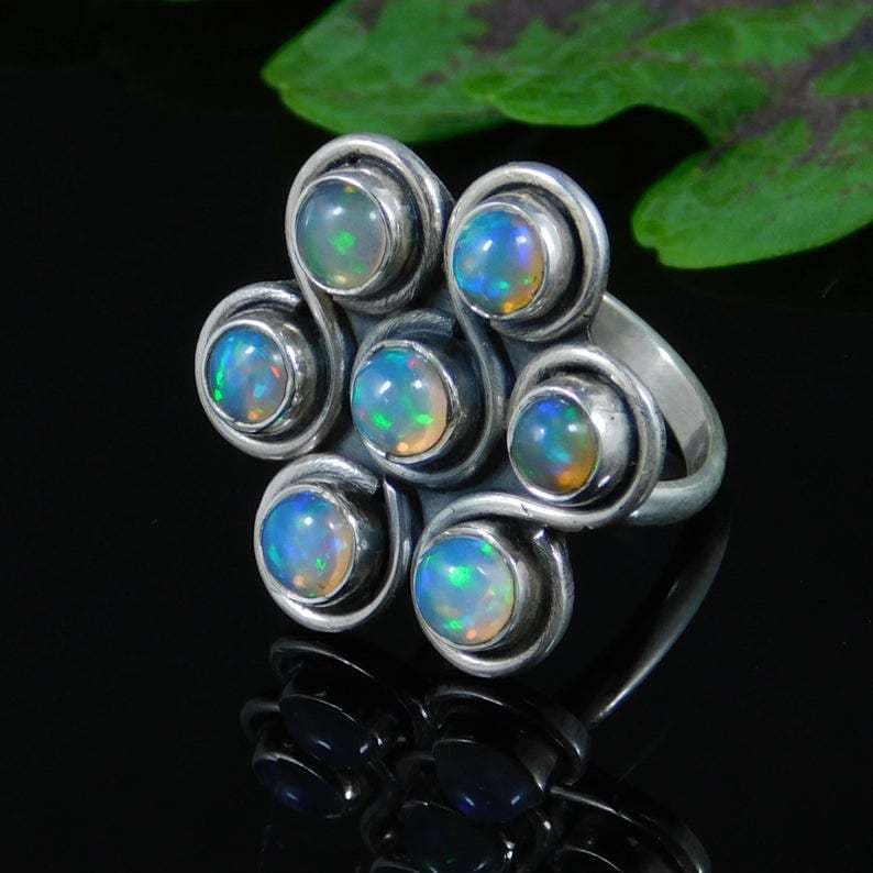 Natural Ethiopian Opal Ring-925 Solid Silver Ring-Welo Fire Round Ring-Women Handmade Ring-Statement Ring-October Birthstone Ring - by 
