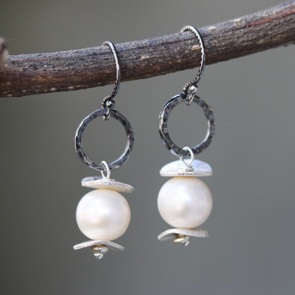 Natural freshwater pearls earrings and silver plate with hammer oxidized loops on sterling hooks style - by Metal Studio Jewelry