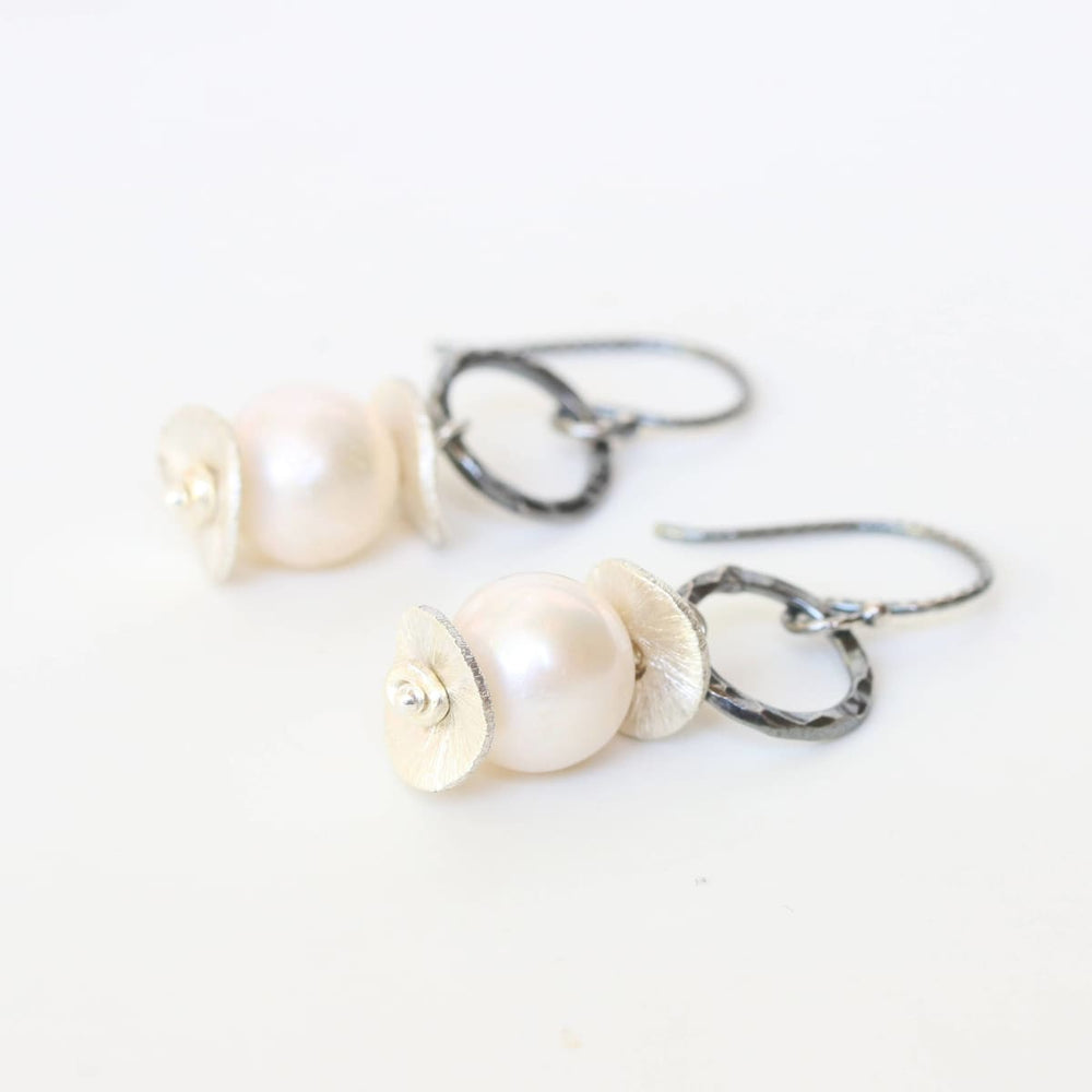 Natural freshwater pearls earrings and silver plate with hammer oxidized loops on sterling hooks style - by Metal Studio Jewelry