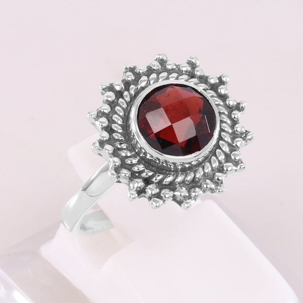 rings Natural Garnet Gemstone 925 Sterling Silver Ring Faceted Round Crystal Boho Birthstone - by Rajtarang