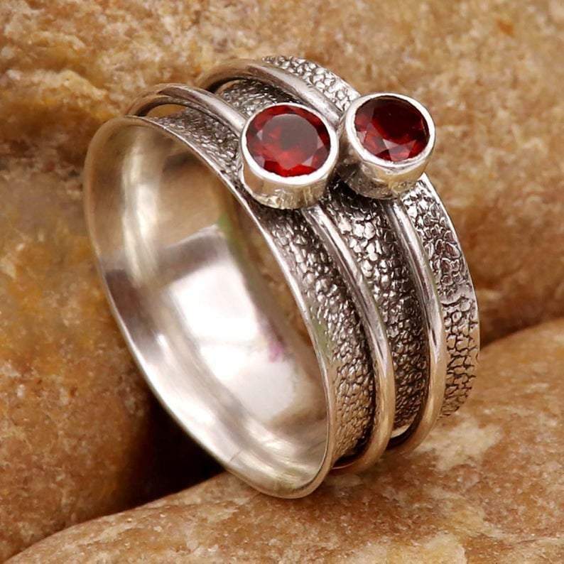 Natural Garnet Spinner Ring 925 Sterling Silver Anxiety Fidget Spinning Jewelry Meditation - by InishaCreation