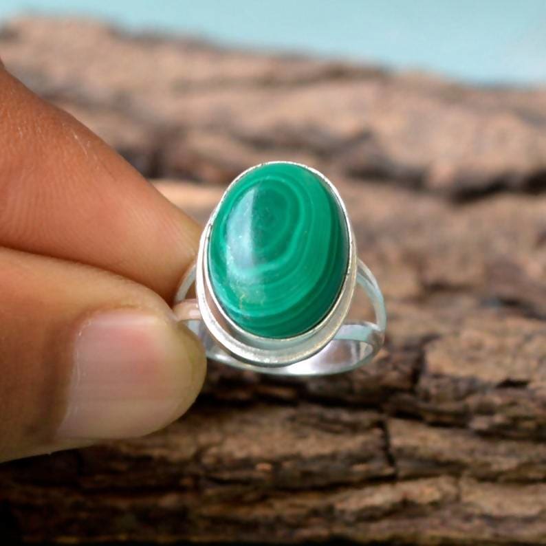 rings Natural Green Malachite Gemstone Ring Bezel Work Statement 925 Sterling Silver Jewelry - by NativeFineJewelry