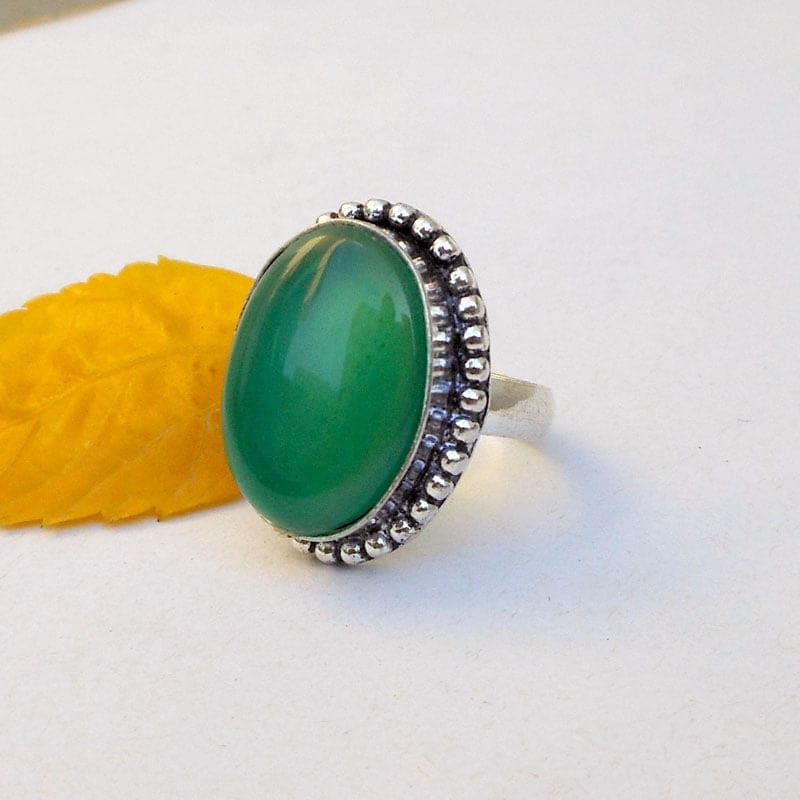 Natural Green Onyx Ring Boho 925 Sterling Silver December Birthstone Dainty Oval Statement Jewelry - by Finesilverstudio