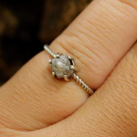 Rings Natural grey color rough diamond ring in prongs setting with oxidized sterling silver twist design band