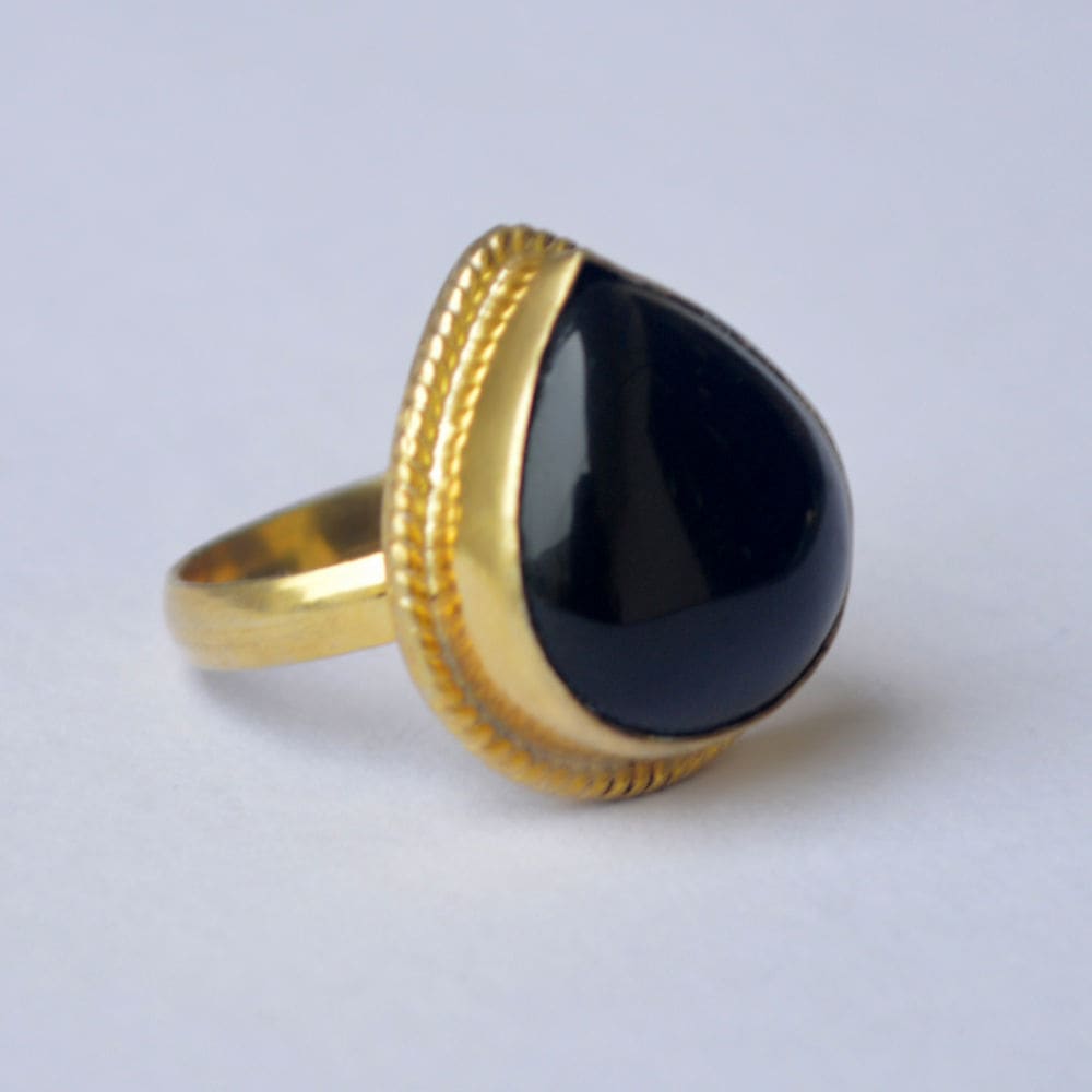 Natural Heart Black Onyx Gemstone 925 Sterling Silver Ring Yellow Gold Plated Gift - by Nativefinejewelry